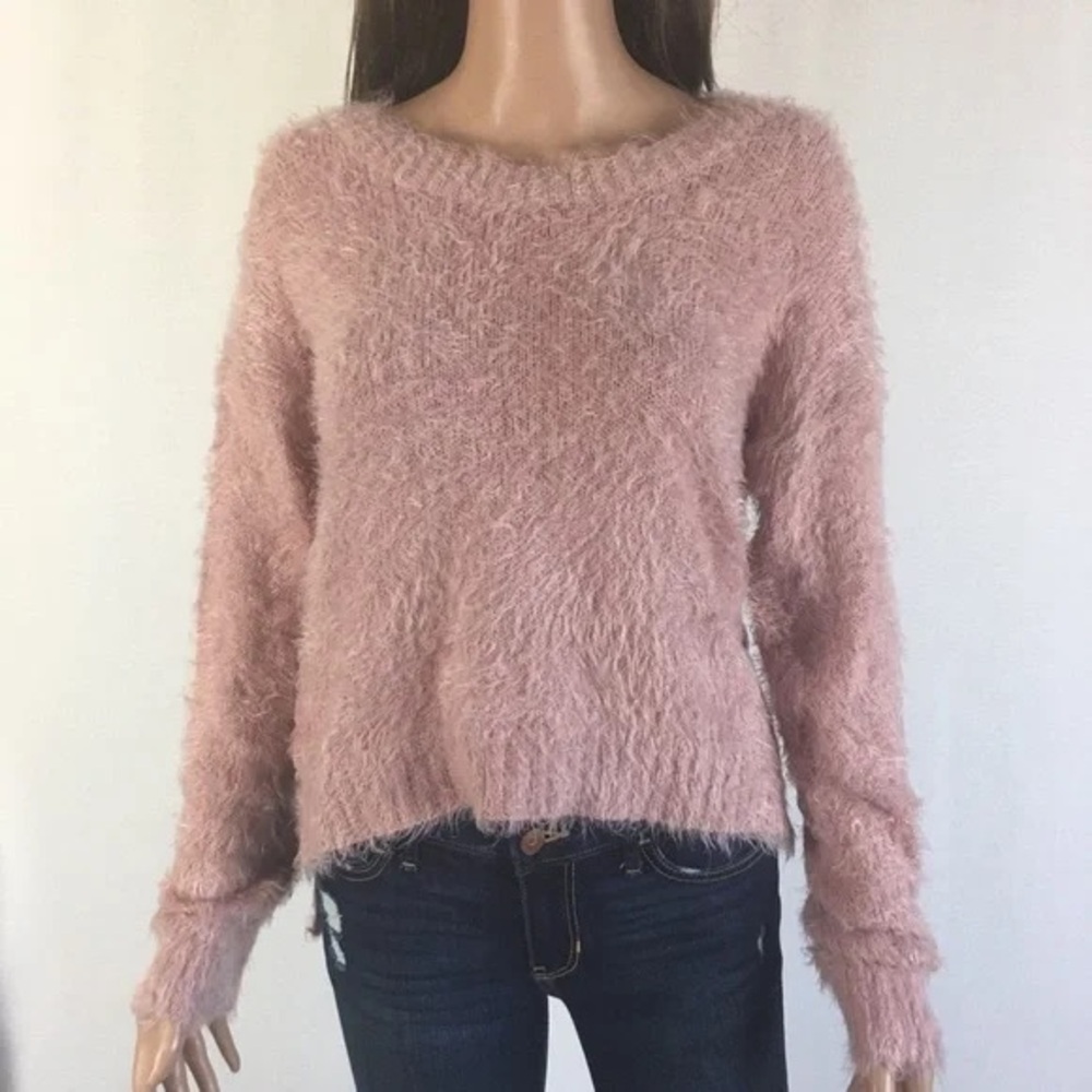 Hippie Rose Soft Blush Crew Neck Fuzzy Sweater - juniors XS